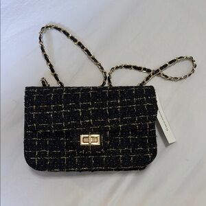 Elegant Black and Gold Tweed Crossbody Purse